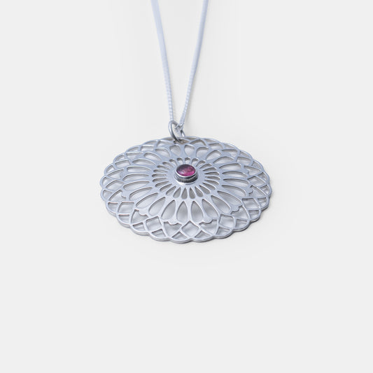 Sterling Silver Mandala Pendant with pink Tourmaline Stone